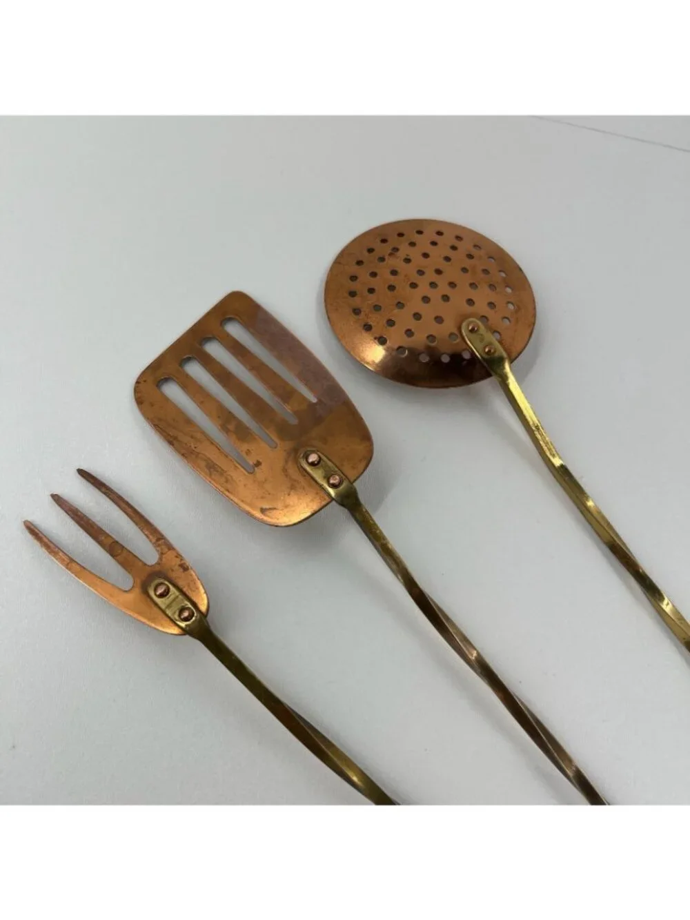 Vintage Copper Brass Kitchen Utensils Set of 3 Long Handle Spatula Fork Skimmer